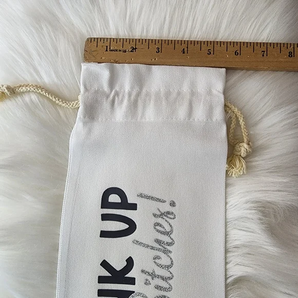 Wine Bag Drink Up Bitches Drawstring Bottle Bag - White with Pink Lip - Picture 4 of 4